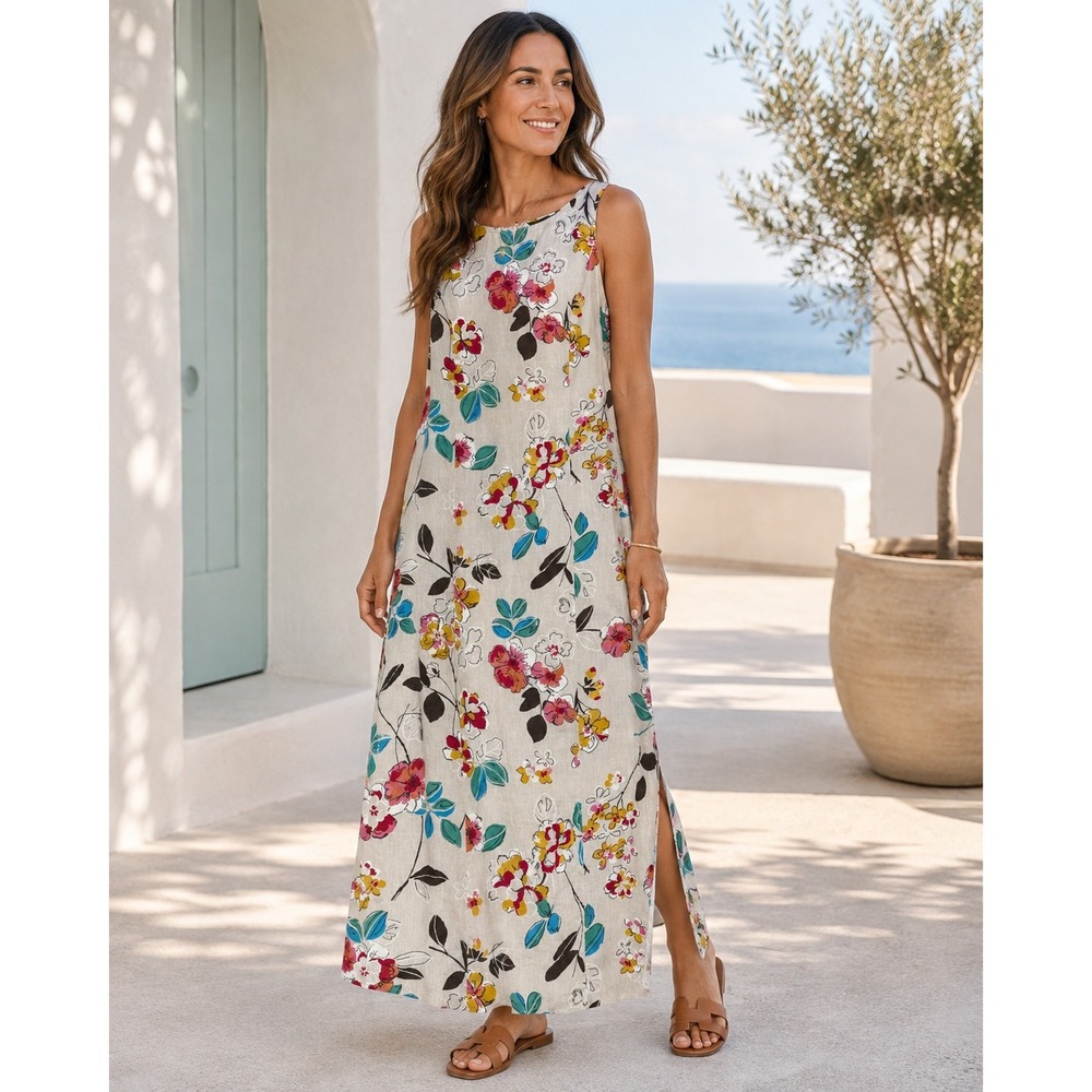 August Max 100% Linen Floral Maxi Dress Sleeveless Resort Boho Cottagecore 4